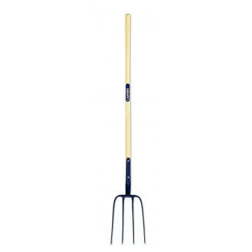4 Prong Manure Fork Long Handle Strapped Wooden Shaft