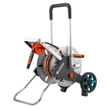 HOSE TROLLEY SET MEDIUM CLEVERROLL EASY METAL GARDENA WITH 25m HOSE, NOZZLE, TAP CONNECTOR & FITTINGS